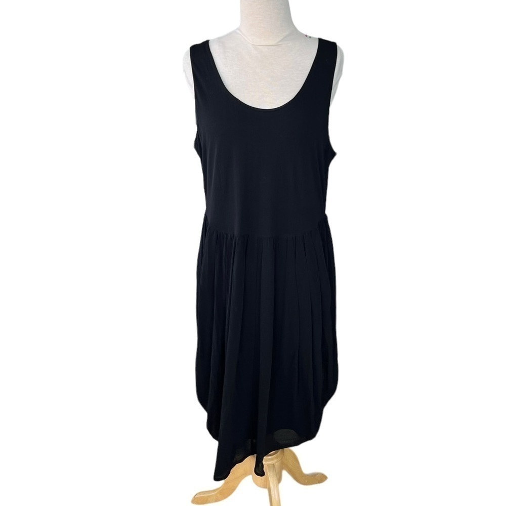 Eileen Fisher 100% Silk Casual Tank Dress Gathered Sheer overlay Black Large GUC